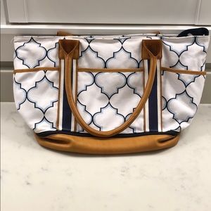 Pottery Barn Kids diaper bag EUC White Navy Brown leather accents Baby boy
